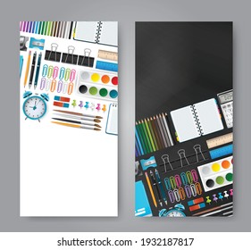 School vectical flyers. Colorful stationery for education and study. Vector illustration.