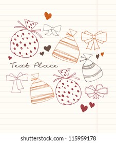 School vector background in vintage style. Sketches of sacks and bows on the notebook leaf