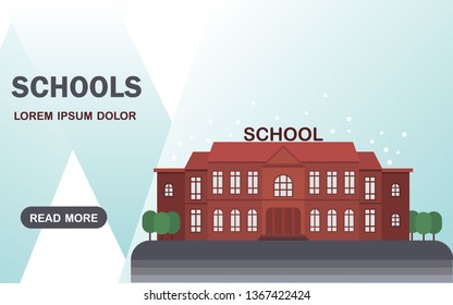 School vector banner. Flat design. Blue gradient background. School buildings illustration. 