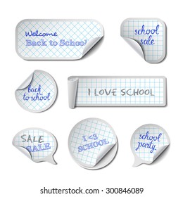 School Vector Banners with Phrases. Checkered Paper Peel Stickers, Labels, Tags and Speech Bubbles.