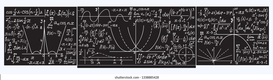 School vector blackboard with handwritten math plots, tasks and formulas.