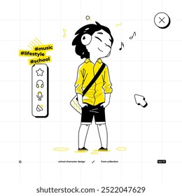 School Vector Character in Anime Style. Black Yellow Variant. The Young School Boy is Staying and Listening to Music on Headphones