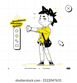 School Vector Character in Anime Style. Black Yellow Variant. The Young Boy is Staying and Warming Up. He is Looking at Us