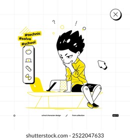 School Vector Character in Anime Style. Black Yellow Variant. The Young Pupil Boy is Sitting on Bench and Looking at Laptop's Screen. He is Thinking