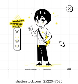 School Vector Character in Anime Style. Black Yellow Variant. The Young Pupil Boy is Staying and Makes Like Gesture. He is Looking at Us