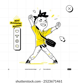 School Vector Character in Anime Style. Black Yellow Variant. The Young School Boy Rejoices and Raises His Hands in The Air