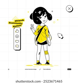 Personaje de Vector escolar en estilo anime. Variante Amarillo Negro. La joven alumna Sport Girl se queda y hace un gesto amistoso.