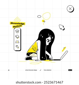 Schule Vektor Charakter in Anime-Stil. Black Yellow Variant. Das junge Schülermädchen sitzt auf dem Boden und tut etwas auf dem Laptop