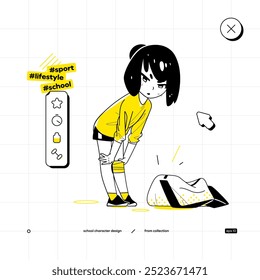 School Vector Character in Anime Style. Black Yellow Variant. The Young School Girl is Staying After Some Sport Activity and Looking at Us