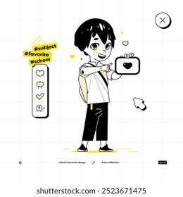 School Vector Character in Anime Style. Black Yellow Variant. The Young Pupil Boy is Staying and Showing a Screen from The Tablet with Some Information about a Heart