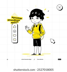 School Vector Character in Anime Style. Black Yellow Variant. The Young Pupil Boy is Staying and Makes a Friendly Gesture with Smile.