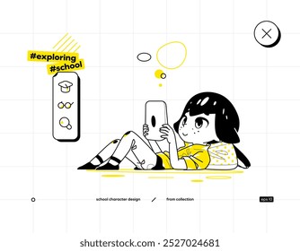 School Vector Character in Anime Style. Black Yellow Variant. The Young Pupil Girl is Lying on The Ground. She is Watching at The Digital Tablet