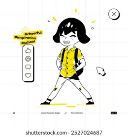 School Vector Character in Anime Style. Black Yellow Variant. The Young School Girl is Staying and Making some Friendly Gesture.
