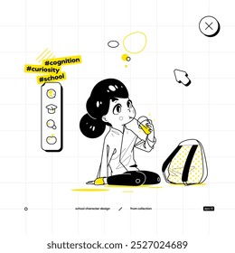 School Vector Character in Anime Style. Black Yellow Variant. The Young Pupil Girl is Sitting on The Ground and Drinking The Juice. She is Looking Somewhere
