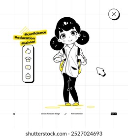 School Vector Character in Anime Style. Black Yellow Variant. The Young Pupil Sport Girl is Staying and Smiling. She is Got Her Hands on The Straps of Her Backpack.