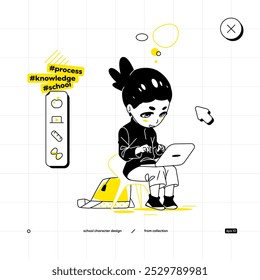 School Vector Character in Anime Style. Black Yellow Variant. The Young Pupil Girl is Sitting on The Chair and Doing Something on The Laptop