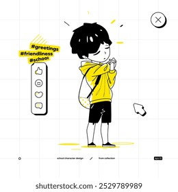 School Vector Character in Anime Style. Black Yellow Variant. The Young Boy is Staying and Warming Up. 