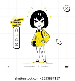 School Vector Character in Anime Style. Black Yellow Variant. The Young Pupil Sport Girl is Staying and Smiling