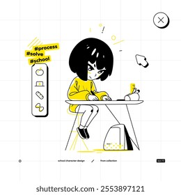 School Vector Character in Anime Style. Black Yellow Variant. The Young Pupil Girl is Sitting on The Chair and Doing Something on The Laptop