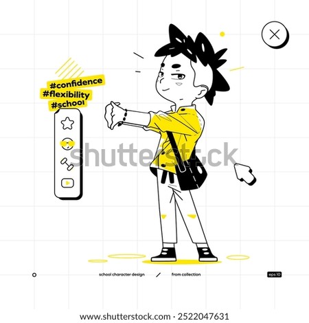 School Vector Character in Anime Style. Black Yellow Variant. The Young Boy is Staying and Warming Up. He is Looking at Us