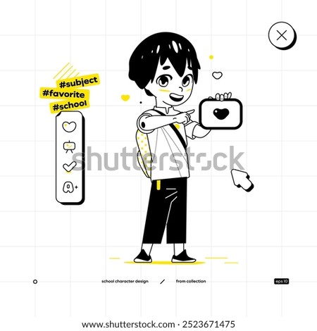 School Vector Character in Anime Style. Black Yellow Variant. The Young Pupil Boy is Staying and Showing a Screen from The Tablet with Some Information about a Heart