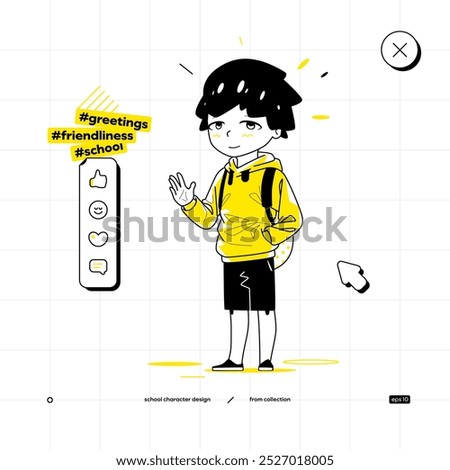 School Vector Character in Anime Style. Black Yellow Variant. The Young Pupil Boy is Staying and Makes a Friendly Gesture with Smile.