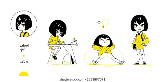 School Vector Character Set in Anime Style. Black Yellow Variant. The Young Pupil Girl is Sitting, Dreaming, Staying. 