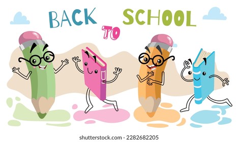 School vector characters designs template. Education theme illustrations. Back to school text. Funny cartoon mascots elements. Vector illustration.