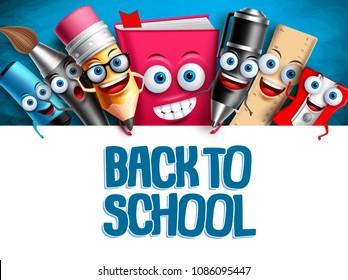 School vector characters education background template. Back to school text in empty white space and funny cartoon mascots elements. Vector illustration.