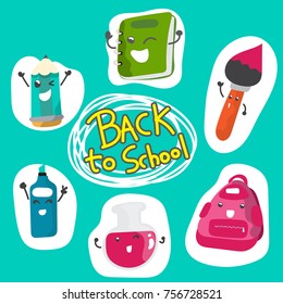 School vector characters of funny pencil, pen, sharpener and other .back to school concept.vector hand drawn