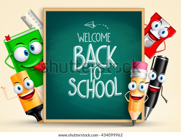 School vector characters of funny pencil,\
pen, sharpener and other school items holding blackboard with back\
to school writing. Vector\
illustration\
