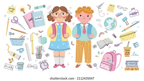 School vector children set, boy and girl. School supplies, stationery illustration