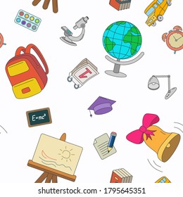 School - Vector color background (seamless pattern) of education accessories for graphic design
