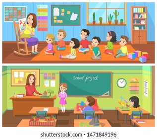 School vector, education of kids in educational institutions. Teacher estimating projects of pupils, lady teaching abc in kindergarten. Classroom interior. Back to school concept. Flat cartoon