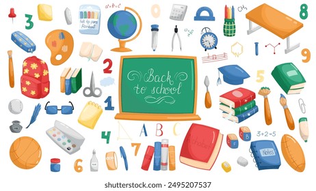 School vector elements collection. Childrens cute school elements vector flat collection. Pencil, books, bag, globe, stationery, textbooks and notebooks. White background