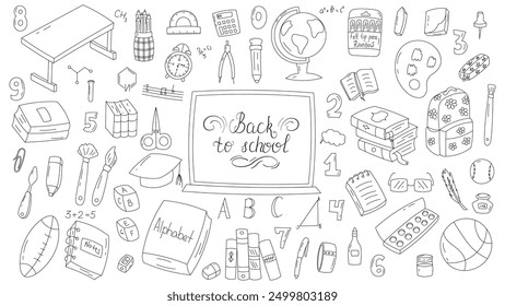 Sammlung von Schulvektorelementen. Kinder niedlichen Schule Elemente Vektor Doodle Sammlung. Bleistift, Bücher, Tasche, Globe, Schreibwaren, Lehrbücher und Notizbücher. Weißer Hintergrund