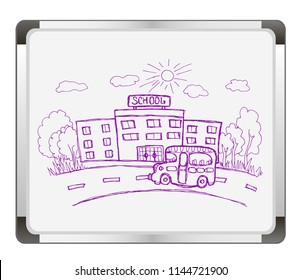 School vector icon, isolated building on flip chart background. School building, bus and front yard. Hand drawn Vector illustration.