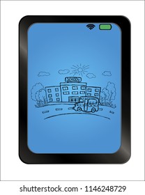 School vector icon, isolated building on background plate. School building, bus and front yard. Hand drawn Vector illustration.