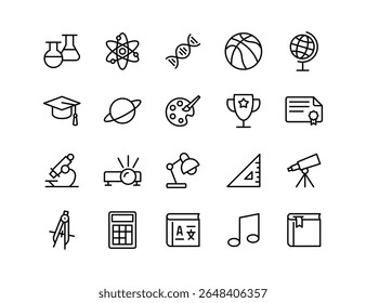 Conjunto de Ícones de Vetor da Escola | Espessura ajustável da linha | Química, ciência, matemática, arte, esportes, livros, prêmio, globo, educação, aprendizagem, microscópio, astronomia, projetor, ícones de ferramentas