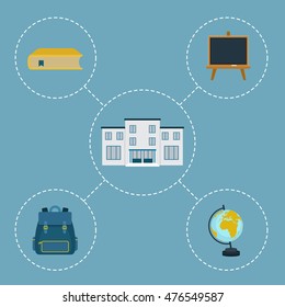 School vector icons. Assortment of school belonging objects and school building