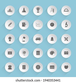 school vector icons on round puffy paper circles with transparent shadows on blue background. school stock vector icons for web, mobile and user interface design