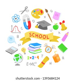 School vector icons on white background. Cute learning illustrations for kids with different objects