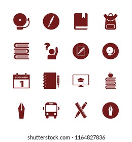 school vector icons set. with school book bag, ask pupil, fountain pen and ruler and pencil in set