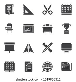School vector icons set, modern solid symbol collection, filled style pictogram pack. Signs, logo illustration. Set includes icons as diploma certificate, e-learning, presentation screen, calendar