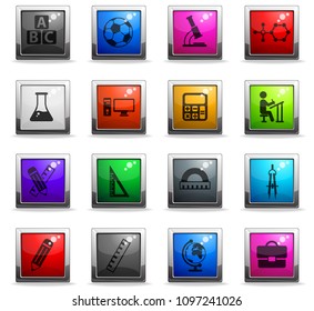 school vector icons in square colored buttons for web and user interface design