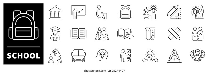 Ícones de vetor da escola. Coleção de ícones de linha fina da escola. Sala de aula, estudante, professor, educação, conhecimento, estudo, lição, ícones relacionados à escola