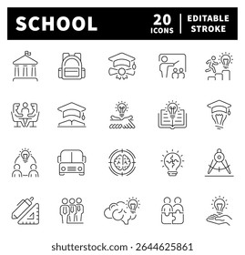 Ícones de vetor da escola. Coleção de ícones de linha fina da escola. Sala de aula, estudante, professor, educação, conhecimento, estudo, lição, ícones relacionados à escola