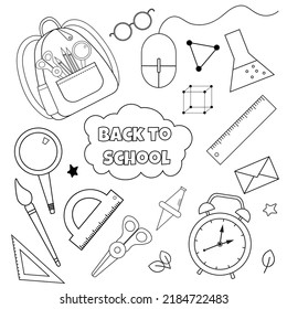 School vector illustration with backpack and supplies for learning and knowledge in graphic. Studying concept for college and elementary class