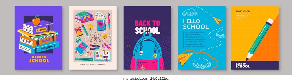 School vector illustration. Bright creative posters back to school, college, study concept. Cute education covers in simple flat cartoon style.