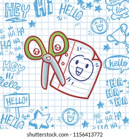 School vector illustration with cute characters with eyes:  smiling scissors and page. Cartoon art in hand drawn style on notebook pen doodles background